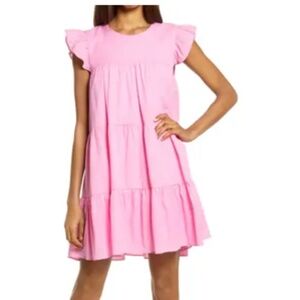 Charles Henry Ruffle Sleeve Tiered Shift Dress Hot Pink